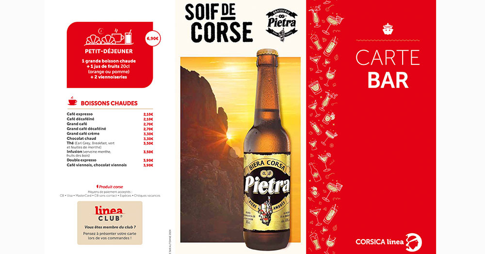 Emplacement publicitaire sur les cartes des bars des bateaux de la Corsica Linea à destination de la Corse, une prestation CorsicaCom