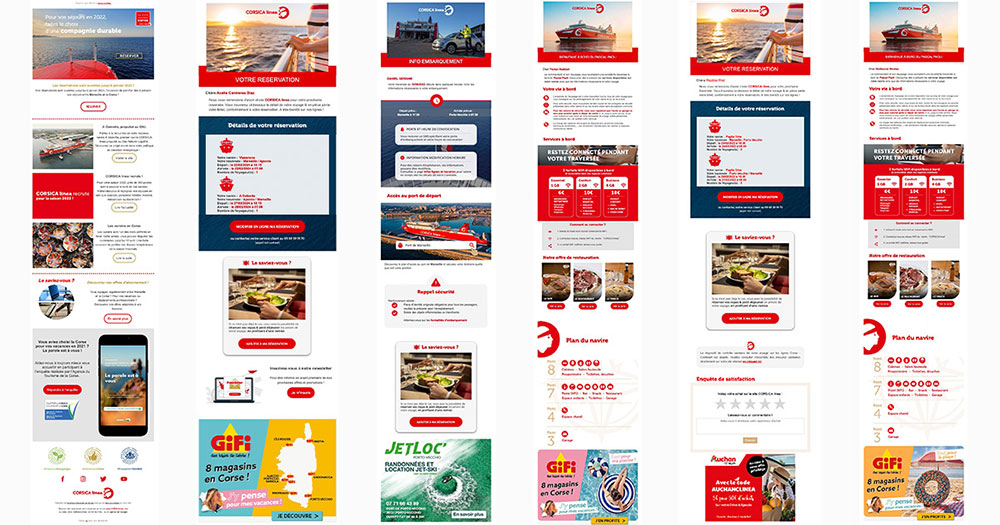 Exemples de publicité sur les emails transactionnels des passagers des bateaux de la Corsica Linea à destination de la Corse, un service CorsicaCom