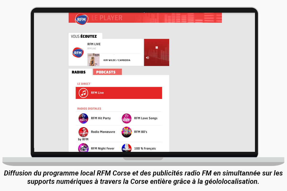 Diffusion publicité radio RFM en numérique sur toute la Corse avec l'application desktop, sur l'ordinateur